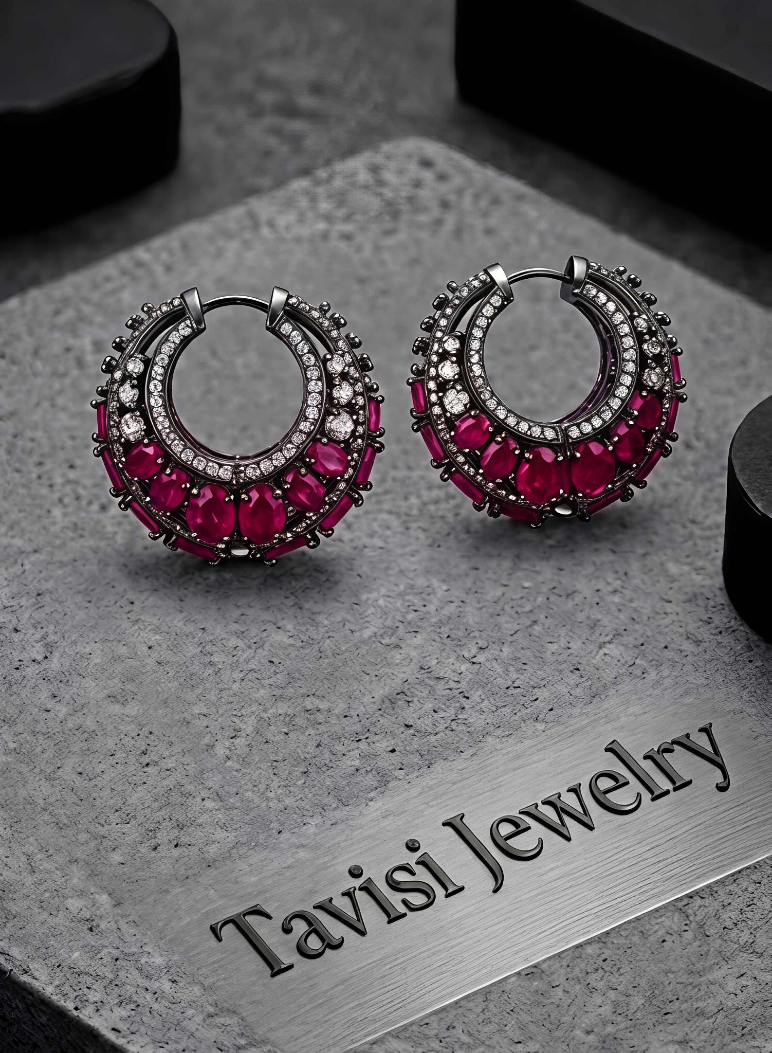 Tavisi Victorian hoop earrings with pink stones, white diamond detailing, brass casting, and black metal finish