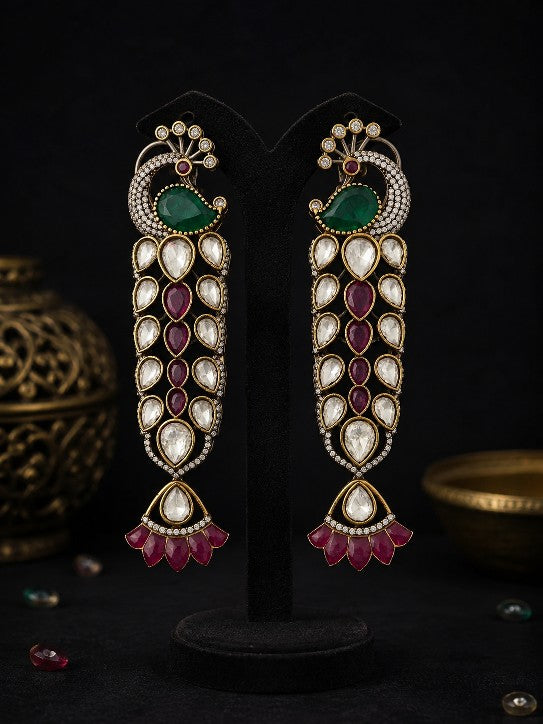 Tavisi Vintage Kundan Peacock Blue Stone Premium Brass Gold Plated Statement Earrings