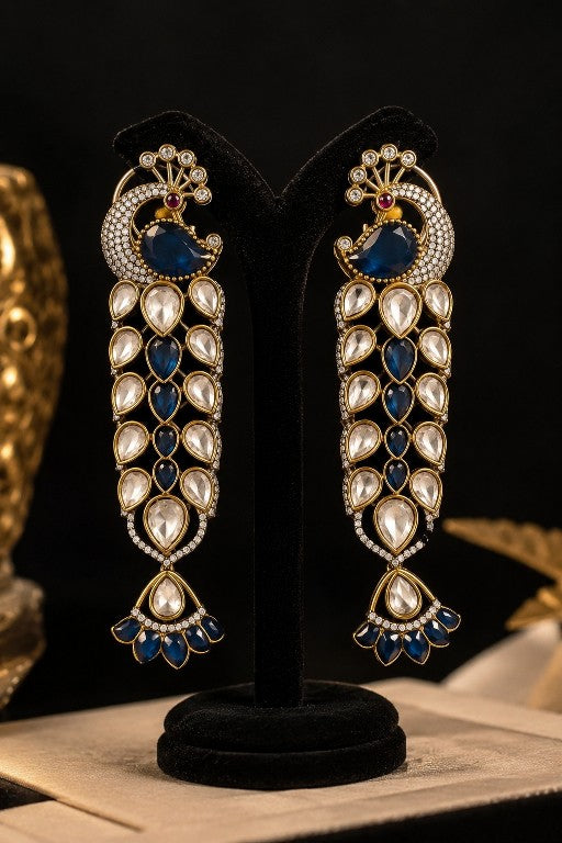 Tavisi Vintage Kundan Peacock Green Ruby Premium Brass Gold Plated Statement Earrings