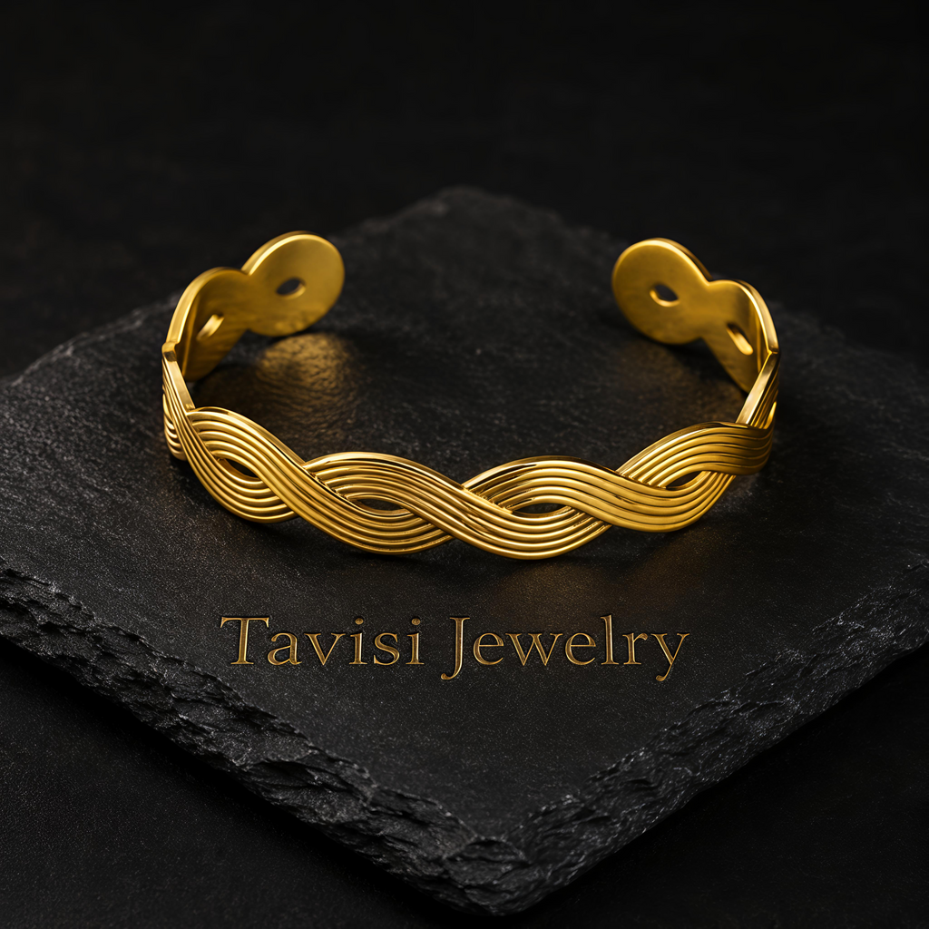Angle view of Tavisi Wave Luxe waterproof PVD coated wave bracelet with long lasting shine for women