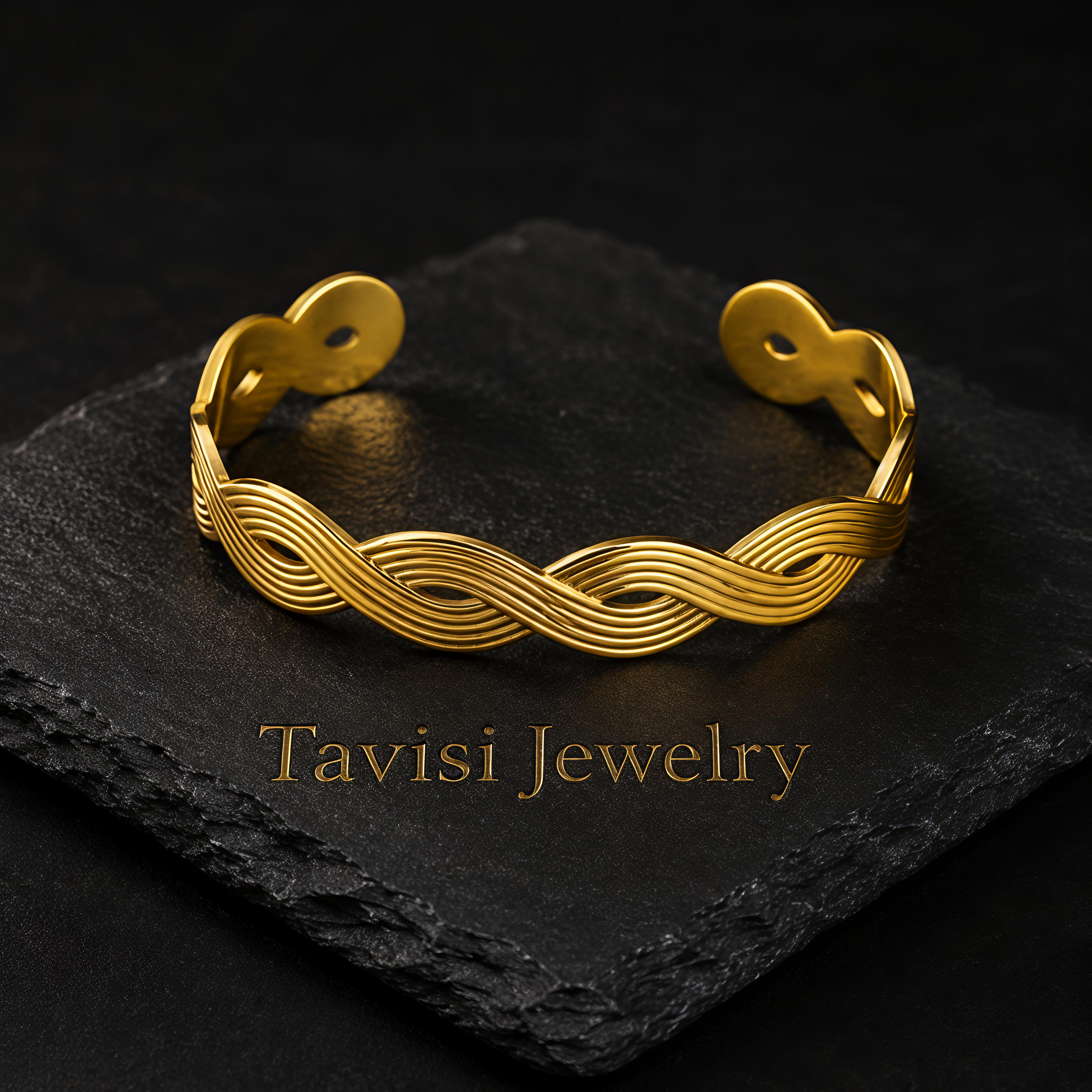 Angle view of Tavisi Wave Luxe waterproof PVD coated wave bracelet with long lasting shine for women
