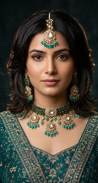 Model wearing the Tavisi Zehara Royale bridal jewelry set featuring Kundan work, white CZ stones, green AD stones, green beads, white pearls, matching earrings, and maang tikka.