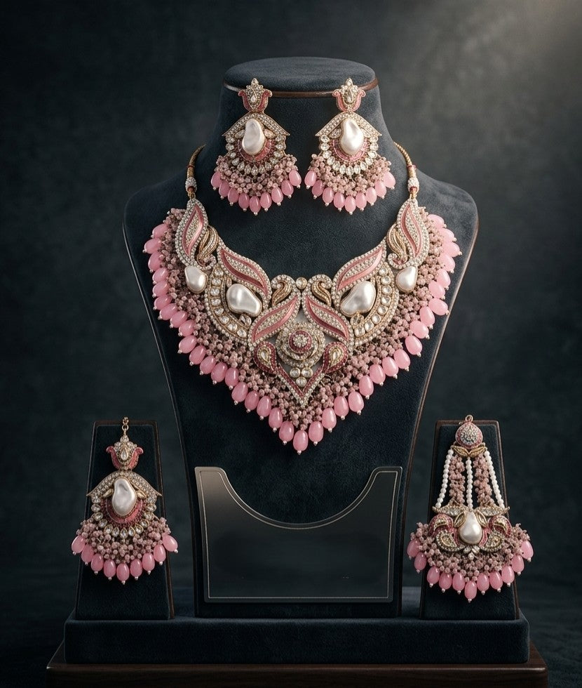 Premium Turkish Pink Pearl Bridal Choker Necklace Set with Matching Earrings, Maang Tikka and Antique Gold Finish | Tavisi Jewelry