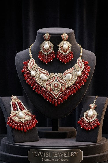 Premium Turkish Ruby Bridal Choker Necklace Set with Matching Earrings, Maang Tikka, Bangles and Red Beads in Antique Gold Finish | Tavisi Jewelry