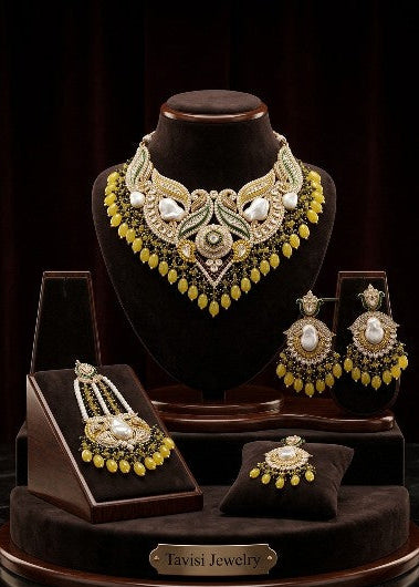 Premium Turkish Statement Bridal Choker Necklace Set with Matching Earrings, Maang Tikka and Ring in CZ Stones and Antique Gold Finish | Tavisi Jewelry