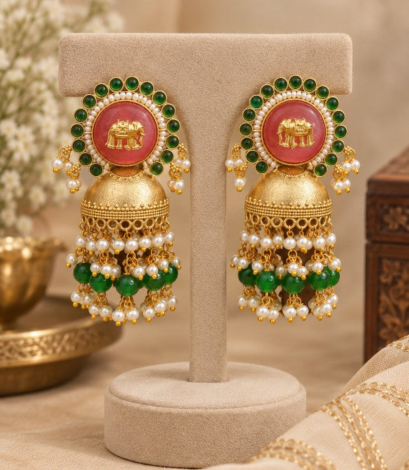 Vaidehi Elephant Heritage Pearl Danglers with green red stones and white pearls