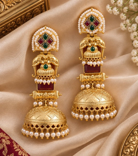 Vamika elephant motif green ruby heritage jhumka earrings with gold-tone finish