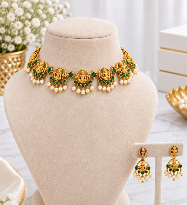 Green Lakshmi temple necklace set with pearl-style beads and earrings