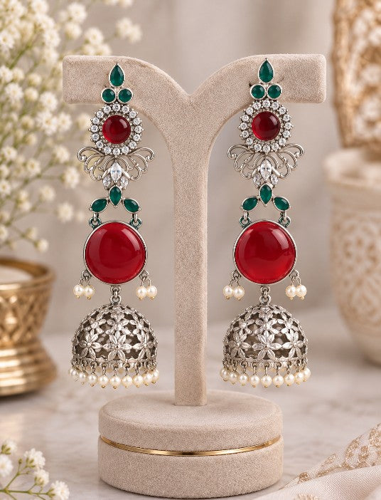 Vanya Premium ruby green AD long jhumka earrings with pearl detailing