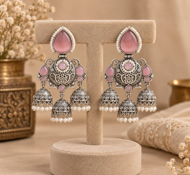 Vanya red ruby AD dangler earrings with traditional jhumka detailing