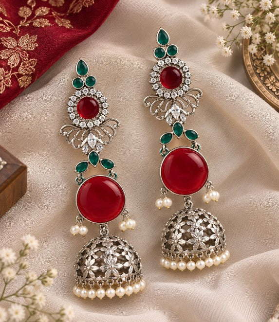 Vanya ruby green long jhumka earrings with silver-look finish