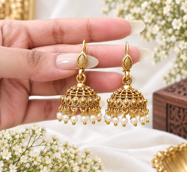 Varnika premium brass pearl jhumka earrings with traditional dome design