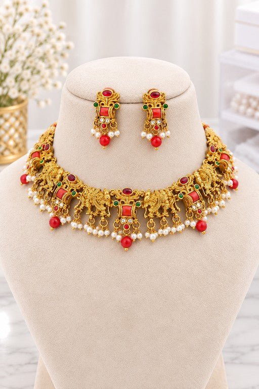 Vasudha elephant kemp necklace set with matching earrings