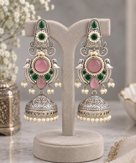Vasundhara Peacock jhumka earrings with green and pink artificial stones