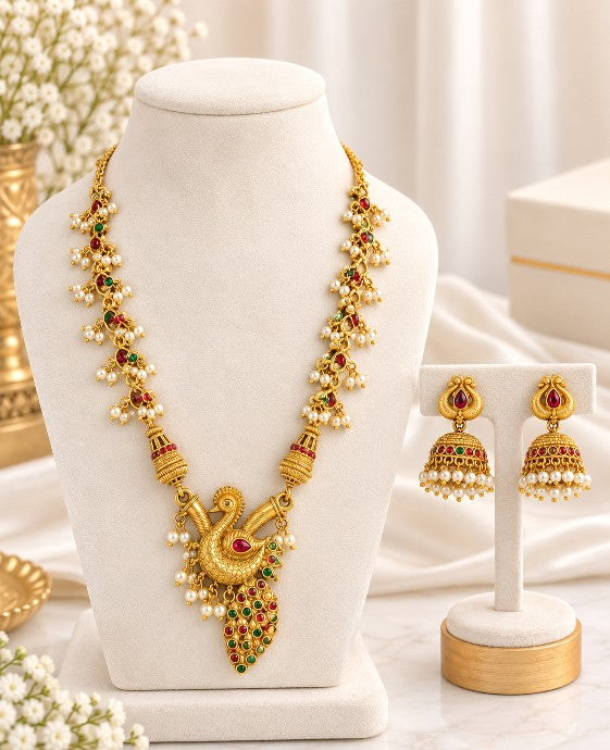 Veda antique gold peacock pendant necklace set with matching Jhumka earrings
