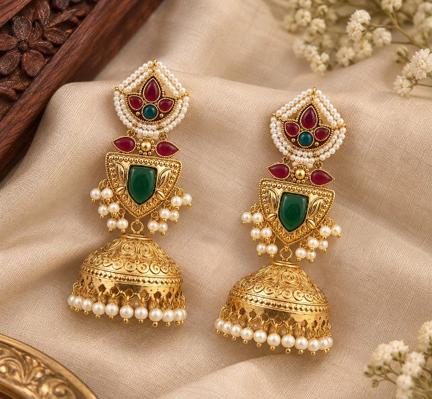 Virelia green and ruby traditional jhumka earrings with gold-tone finish