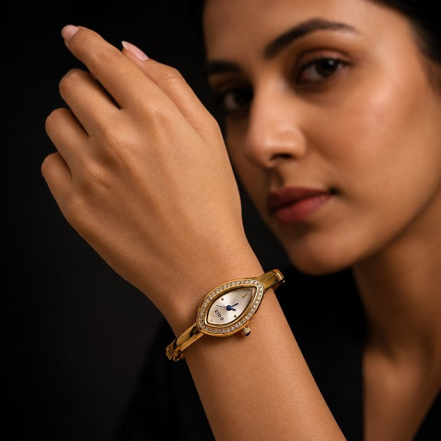 Close up of ZIDO premium AD stone stainless steel gold plated watch kada for women with long lasting finish