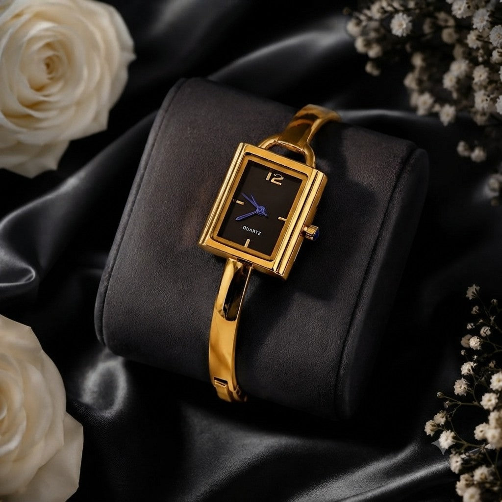 ZIDO premium gold plated rectangle stainless steel watch kada for women with black dial and blue watch hands front view